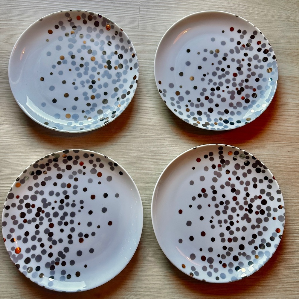 NEW RARE! Set/4 Crate & Barrel Metallic Dot Salad Appetizer Dessert Dishes Plate